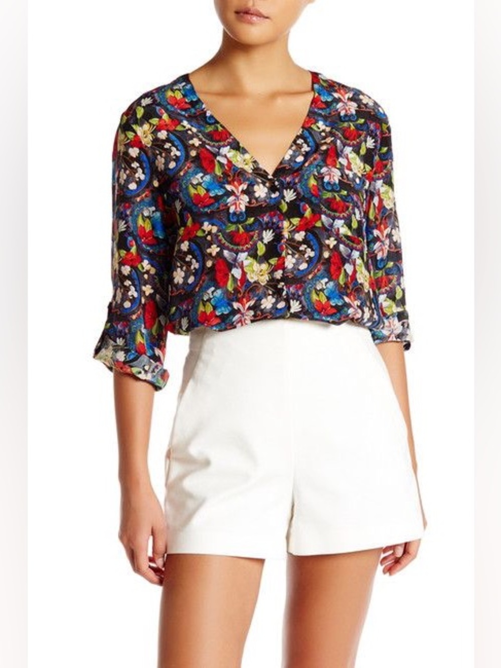 ALICE + OLIVIA Silk Island Dark Floral Button Down Blouse